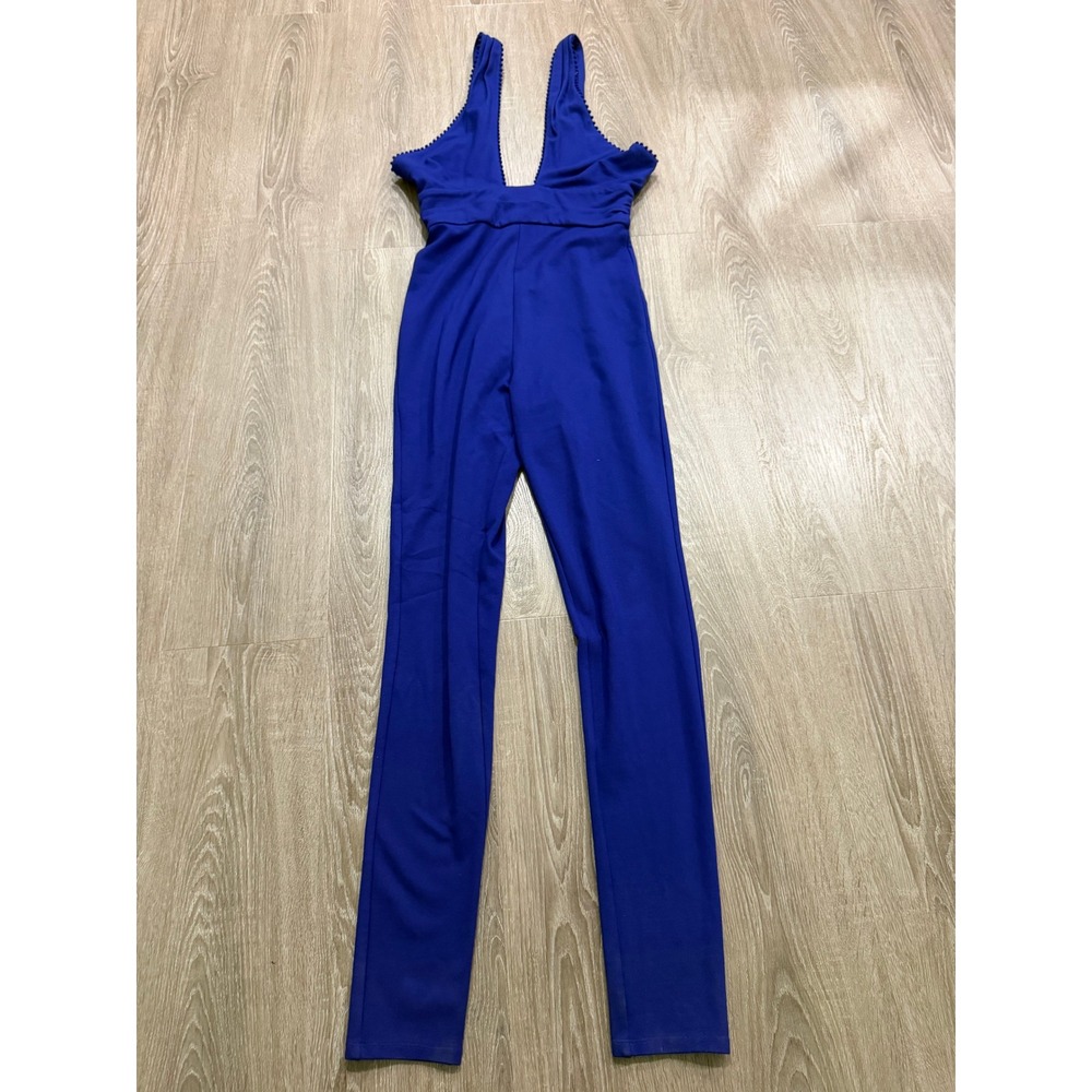 NBD x NAVEN Royal Blue Plunging V-Neck Pom Pom Trim Jumpsuit Small